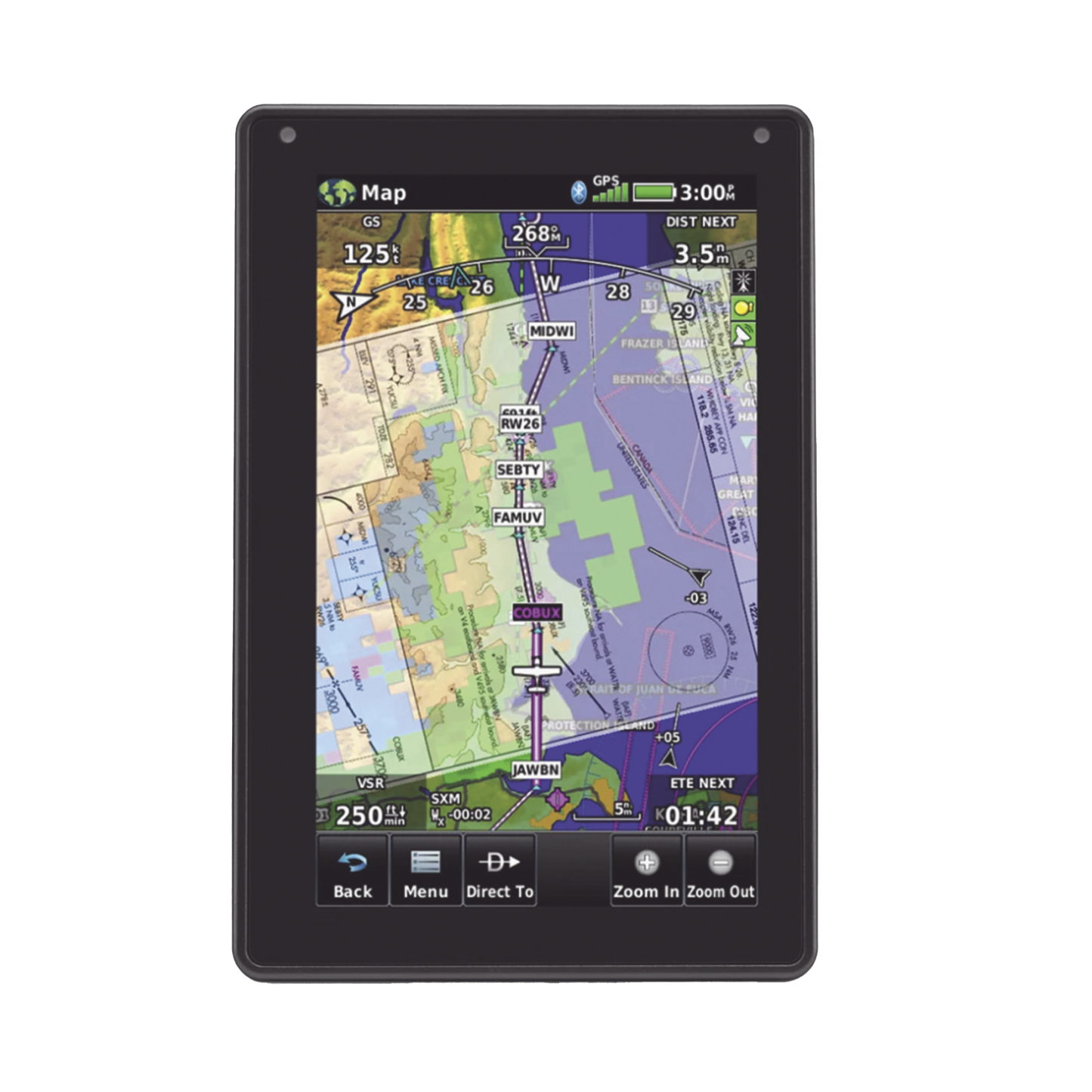 Navegador portátil aera 760, muestra información de trafico aéreo y una excelente visualización por medio de su pantalla con visión 3D touch screen.