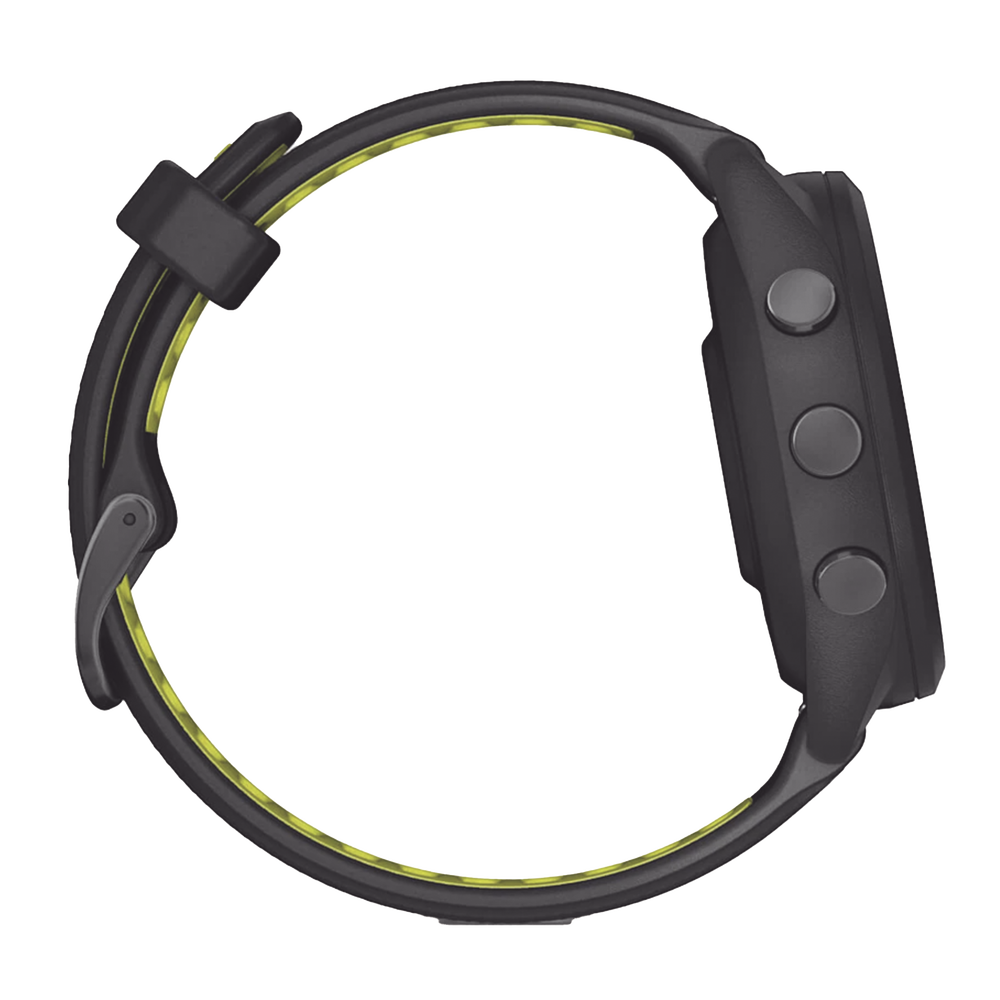 Forerunner® 265S, Bisel y carcasa en negro con correa de silicona en negro/amarillo
