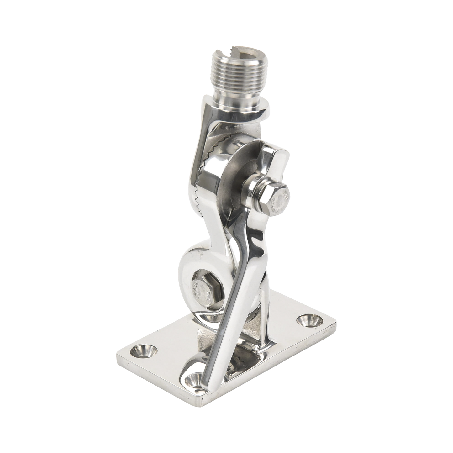 Montaje rotativo de acero inoxidable para uso pesado de 4 posiciones, rosca estándar de 1”-14, incluye tornillos de sujeción y base de plástico.