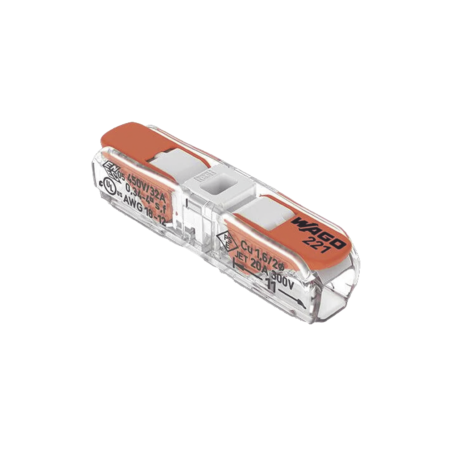 Conect. p. instal. en línea con palancas; para cualquier tipo de conductor; máx. 4mm²; 2 conductores; Carcasa transparente; Color tapa blanco; Temperatura ambiente máxima 85°C (T85); 4,00 mm²; transparente