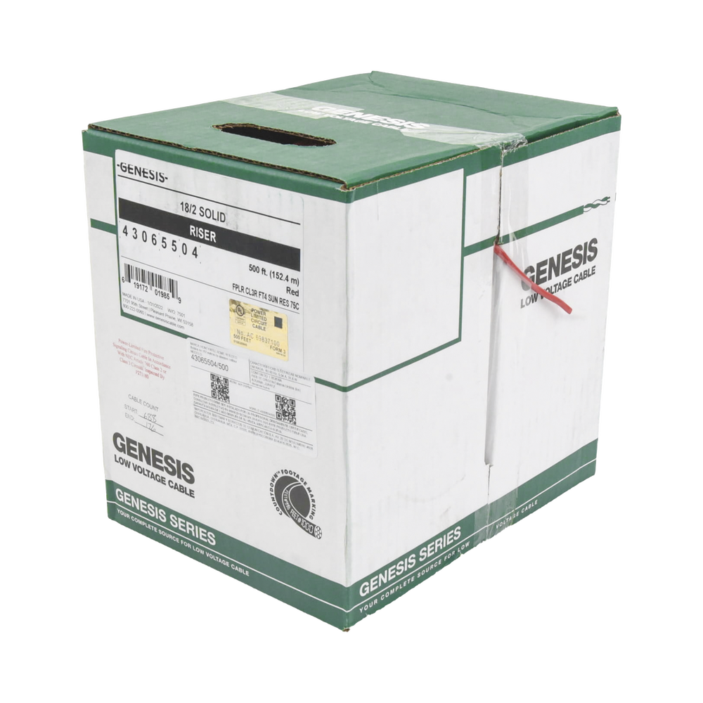 Bobina de 152 Metros (500 Pies) de Alambre / 2 x 18 AWG / Riser / Resistente al Fuego / Color Rojo / Tipo FPLR- CL3R - C(UL) -FT4 / Para Sistemas Contra Incendio o Sistemas de Evacuación
