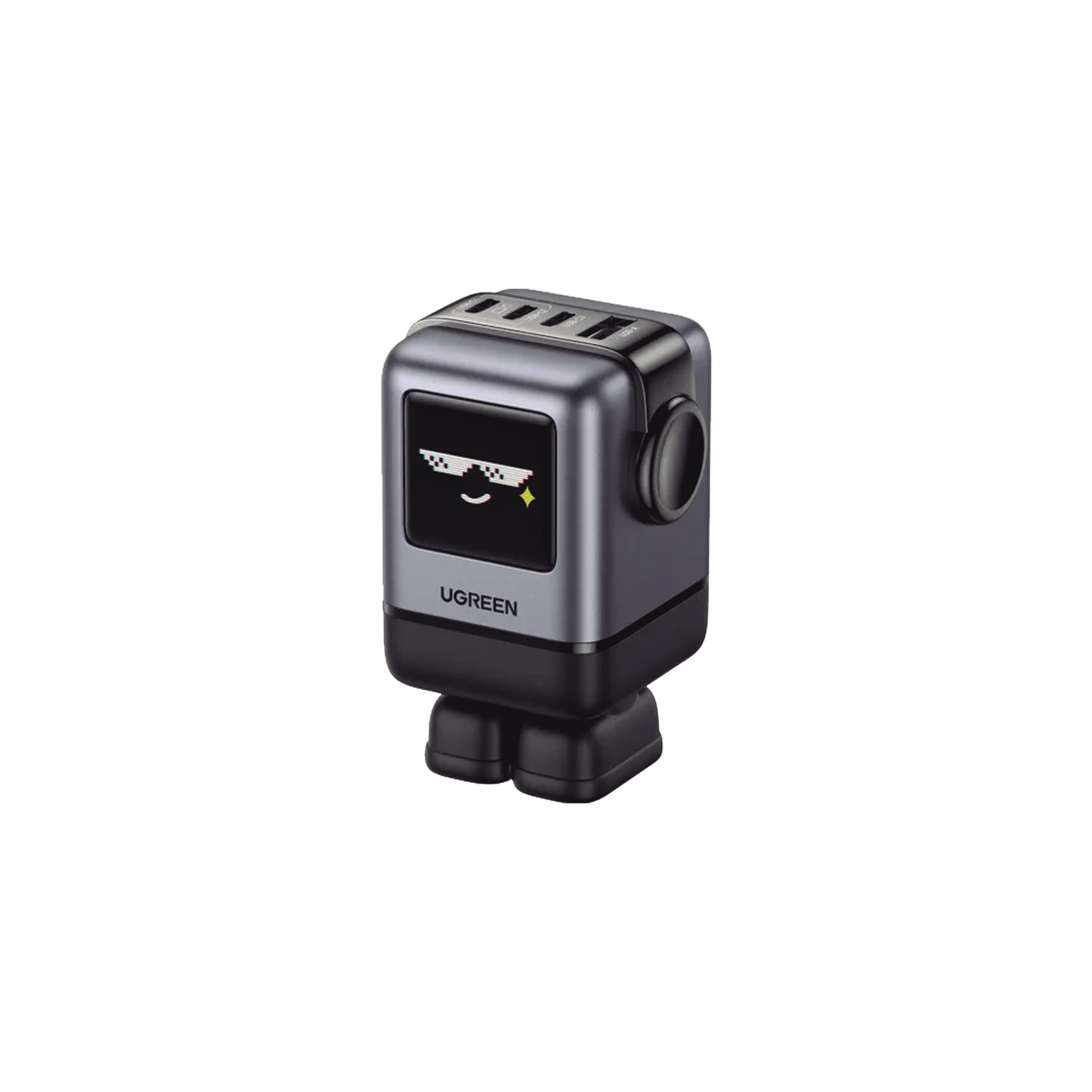 Cargador RobotGaN de 100W Serie UNO | 4 Puertos de Carga Rápida | 3 USB-C | 1 USB-A | PD 3.0 | QC 4.0 | Carga Inteligente | Tecnología GaN II | Zapato Magnético Extraíble | Carcasa Ignífuga | Pantalla LED