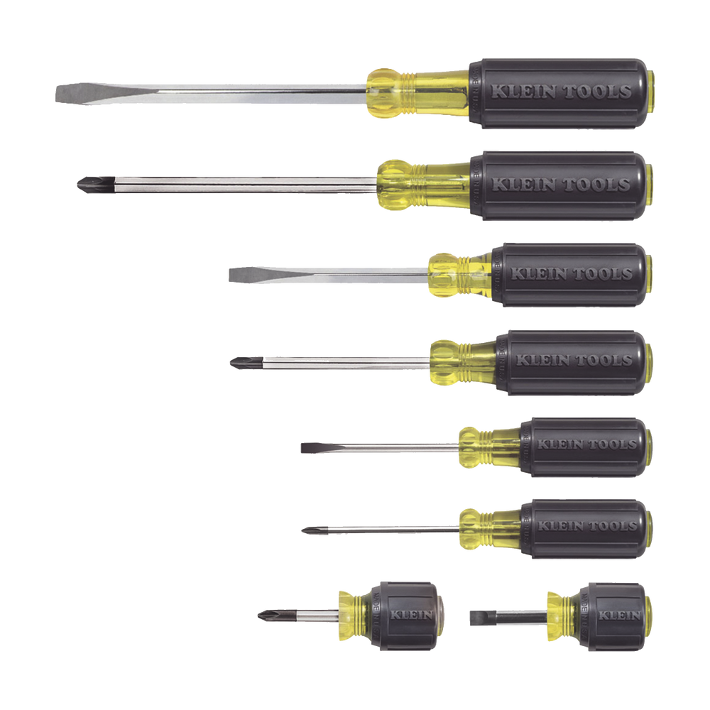 Juego de 8 Desarmadores con Mango Cushion-Grip™: 2 de punta Plana de 1/4'' (6.4 mm) y 5/16'' (7.9 mm); 2 de punta Cabinet de 5/16'' (7.9 mm) y 3/16'' (4.8 mm); tres de punta Phillips n.º 1, n.º 2 y n