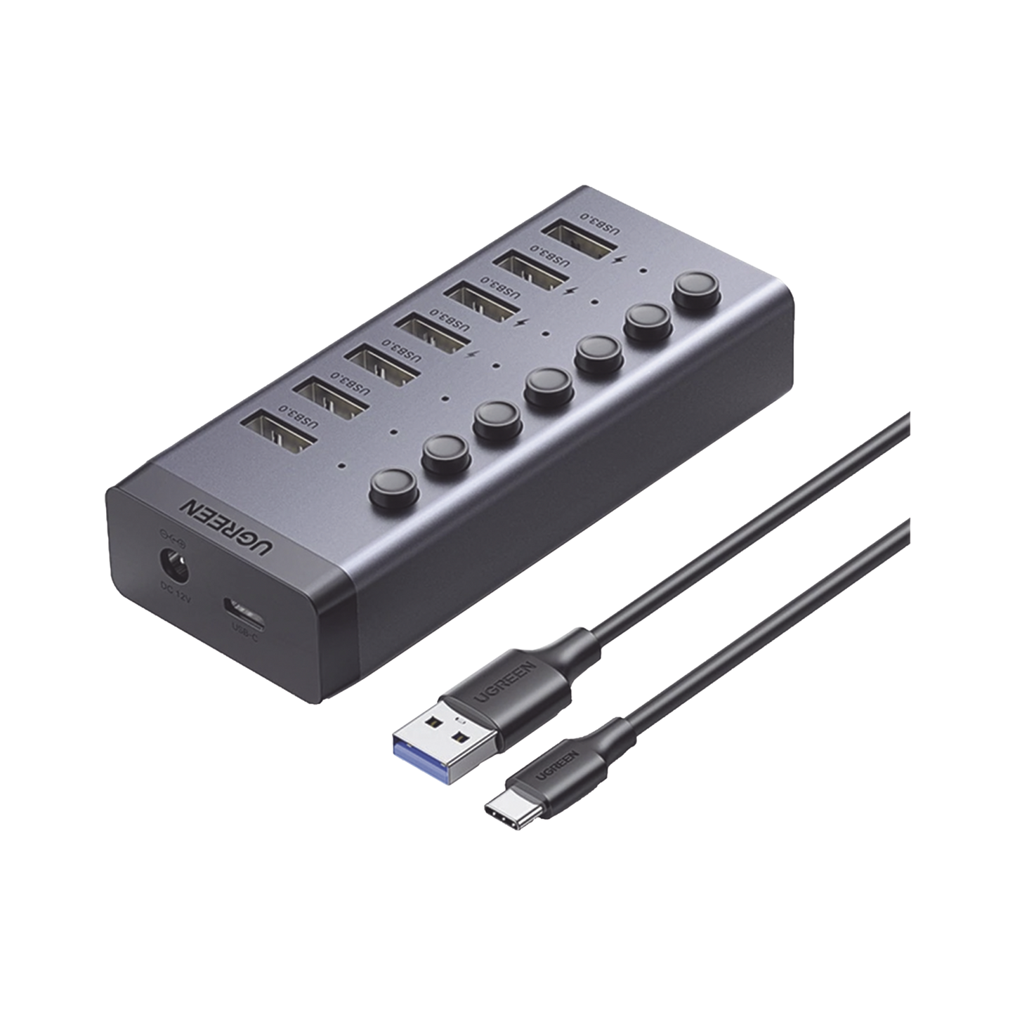 HUB de 7 Puertos USB 3.0 / 4 puertos de Carga Inteligente / Interruptor Individual / Indicadores LED / USB 3.0 a 5Gbps / 1 USB-C Hembra (solo datos) / Incluye Adaptador de Corriente 12V 2A / 7 en 1