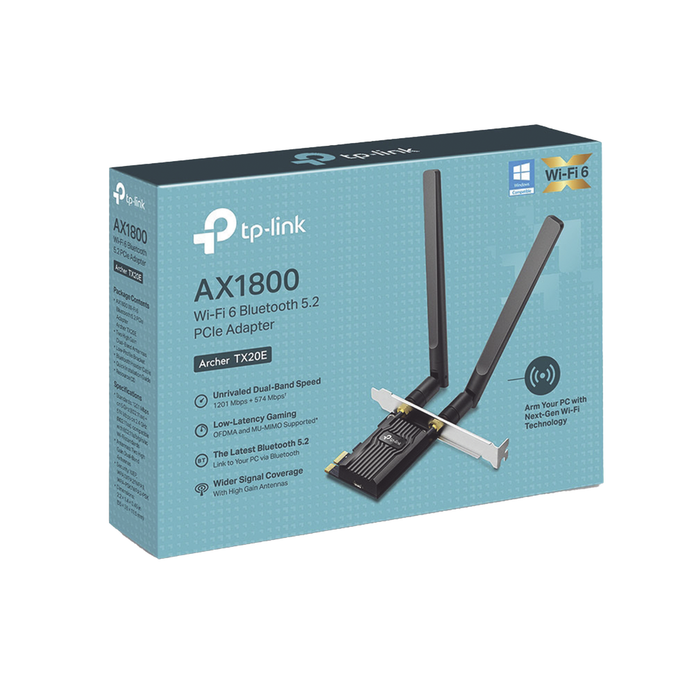 Adaptador PCIe inalámbrico doble banda AX1800 Mbps / Seguridad Inalámbrica WPA3 /Antena de alta ganancia / Tecnología MU-MUMO 2X2 / Soporte de perfil bajo y Altura completa / Bluetooth 5.2