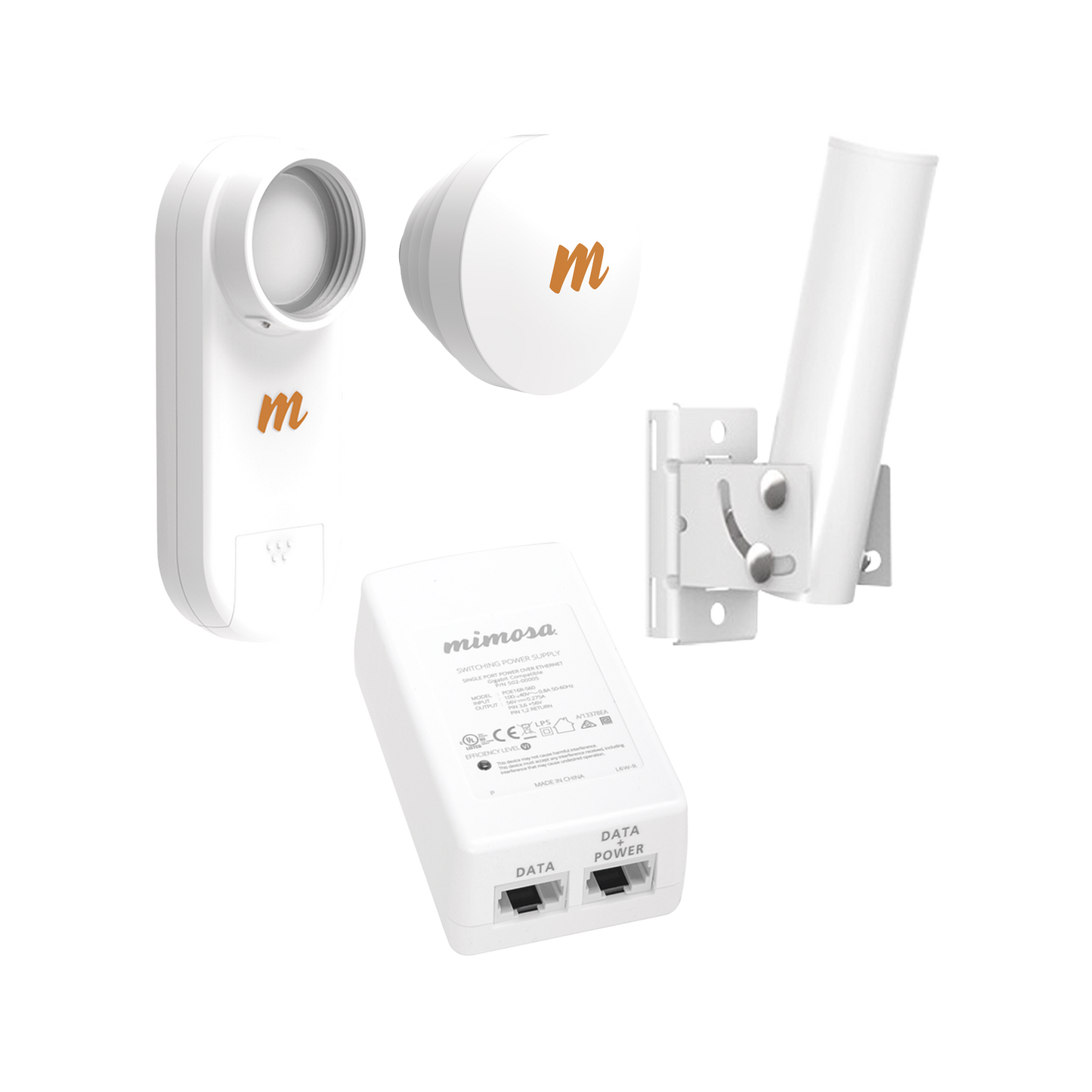 Kit de radios C5X, rango de frecuencia extendida (4.9 a 6.4 GHz), incluye inyector POE, montaje universal para tubo o poste Y una antena de 16 dBi