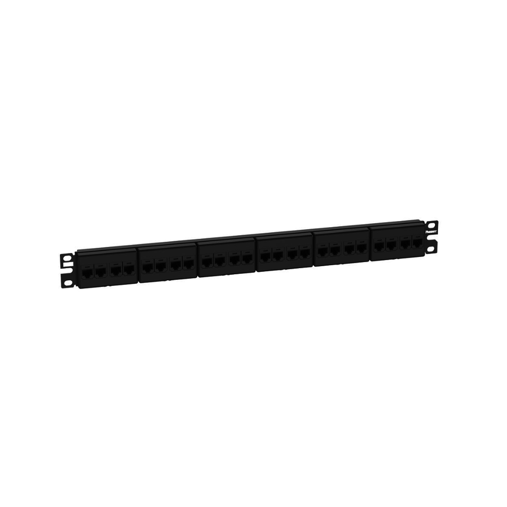 Panel de Parcheo con 24 Acopladores Mini-Com, Plano, Categoría 6A, de 1 UR, Color Negro