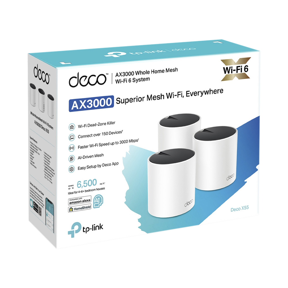 Kit 3 Routers Inalámbricos MESH Interior para Hogar / Doble Banda Wi-Fi 6 AX3000 Mbps / 3 Puerto Gigabit WAN/LAN / 2 Antenas Internas / Administración Mediante la App Deco (iOS, Android) / Protección HomeShield