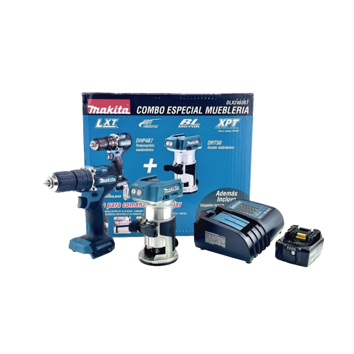 kit de Rotomartilló DHP487 +Fresadora Multifuncional DRT50, Incluye 1 Cargador Rápido DC18SD y 1 Batería li-Ion de 5.0 Ah Modelo BL1850B.