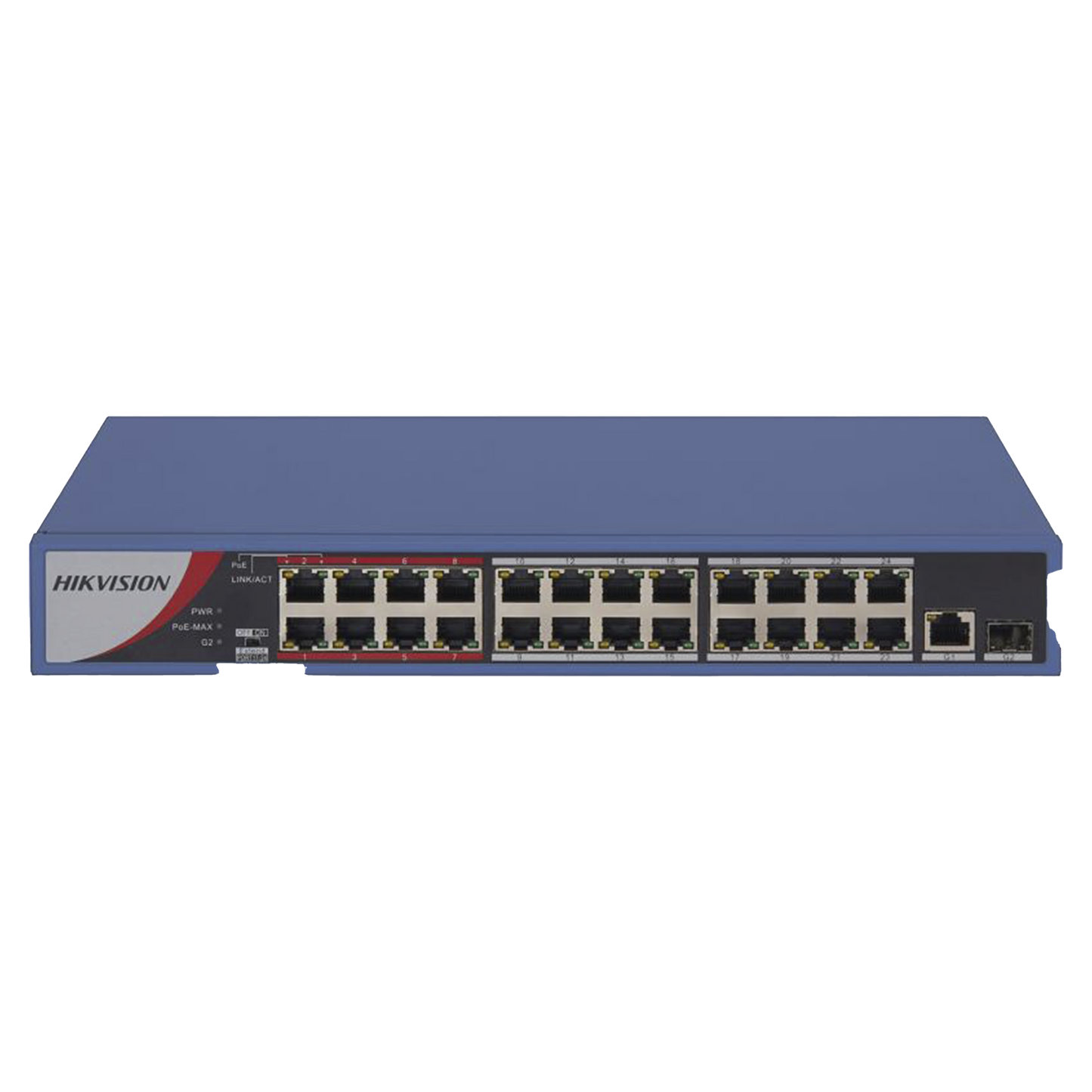 Switch PoE+ / No Administrable / 24 Puertos 10/100 Mbps PoE+ / 1 Puerto 1000 Mbps / 1 Puerto SFP Uplink / Modo Extendido hasta 300 Metros / 230 W