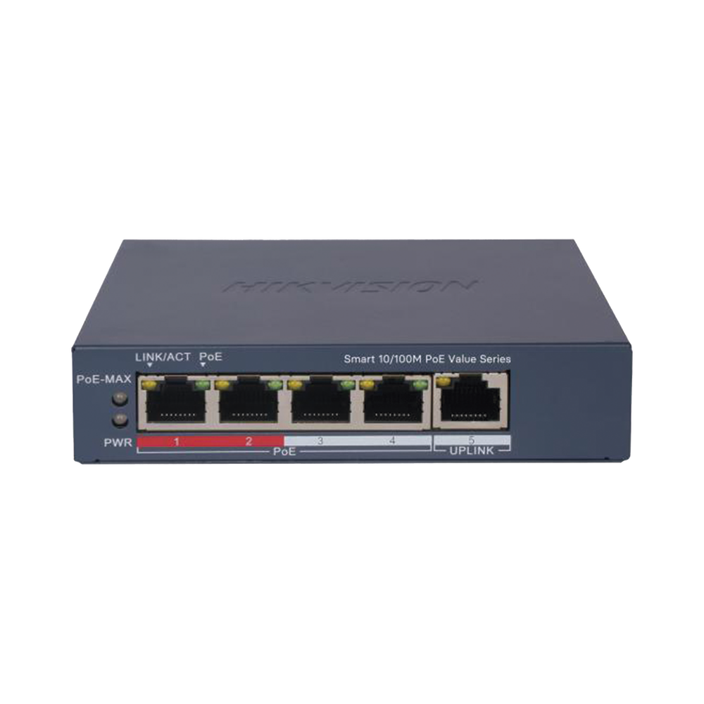 Switch PoE+ / Monitoreable / 4 Puertos 10/100 Mbps PoE+ / 1 Puerto 10/100 Mbps Uplink / Configuración Nube Hik-PartnerPro / Modo Extendido hasta 300 Metros / 45 W
