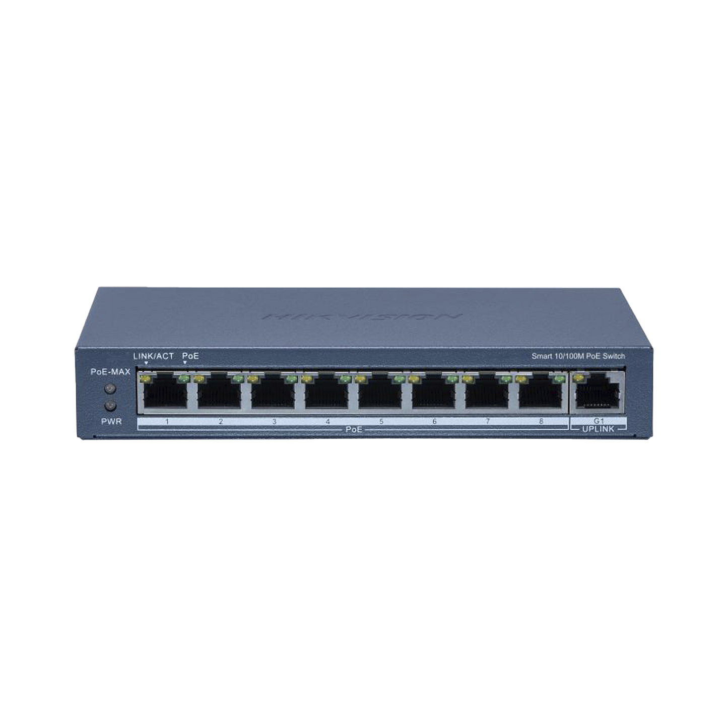 Switch PoE+ / Monitoreable / 8 Puertos 10/100 Mbps PoE+ / 1 Puerto 1000 Mbps de Uplink / Configuración Nube Hik-PartnerPro / Modo Extendido hasta 300 Metros / 110 W