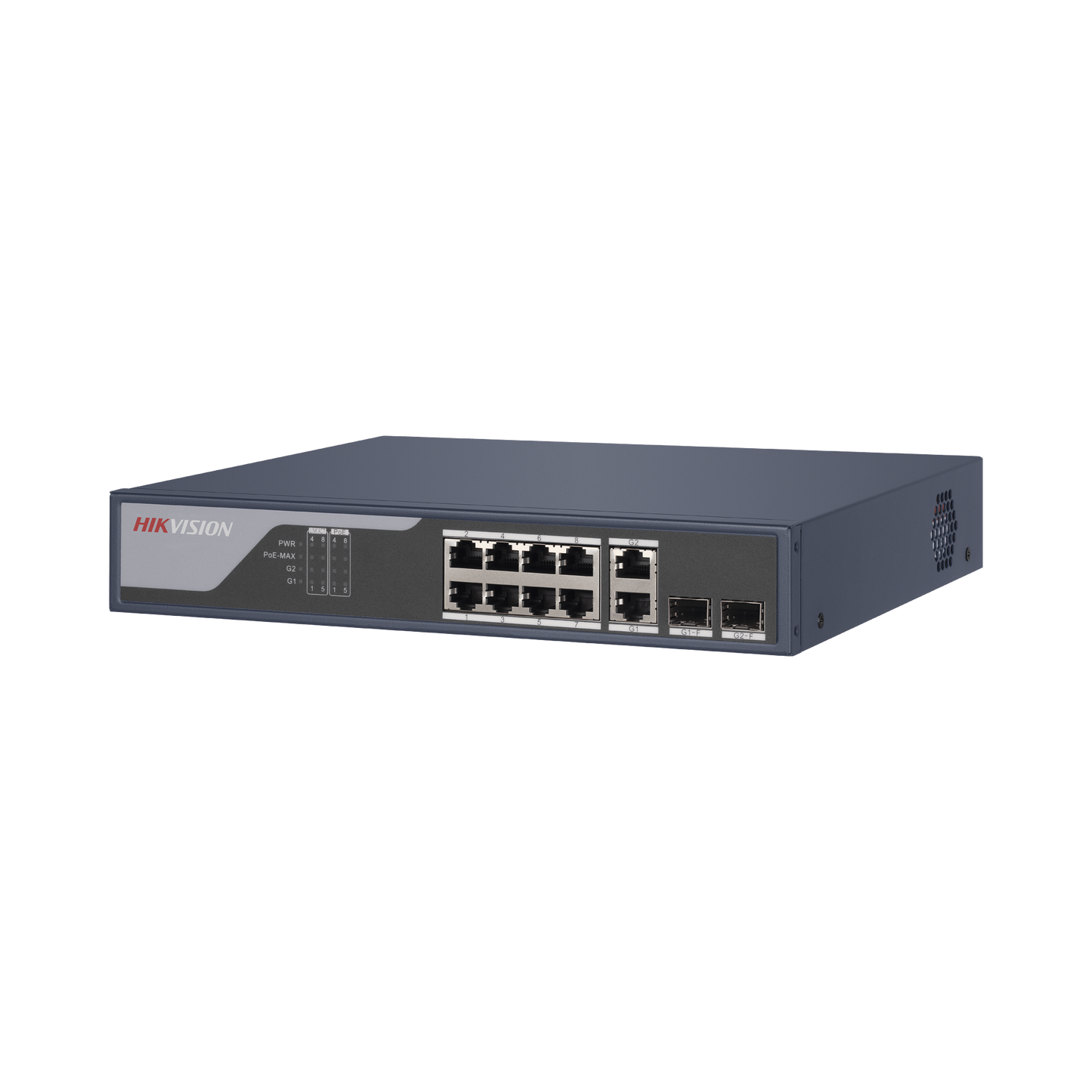 Switch PoE+ / Administrable / Uso en Rack / 8 Puertos 10/100 PoE+ / 2 Puertos 1000 Mbps Uplink / 2 Puertos SFP / Configuración Remota desde Hik-PartnerPro / Modo Extendido hasta 300 Metros / 125 W