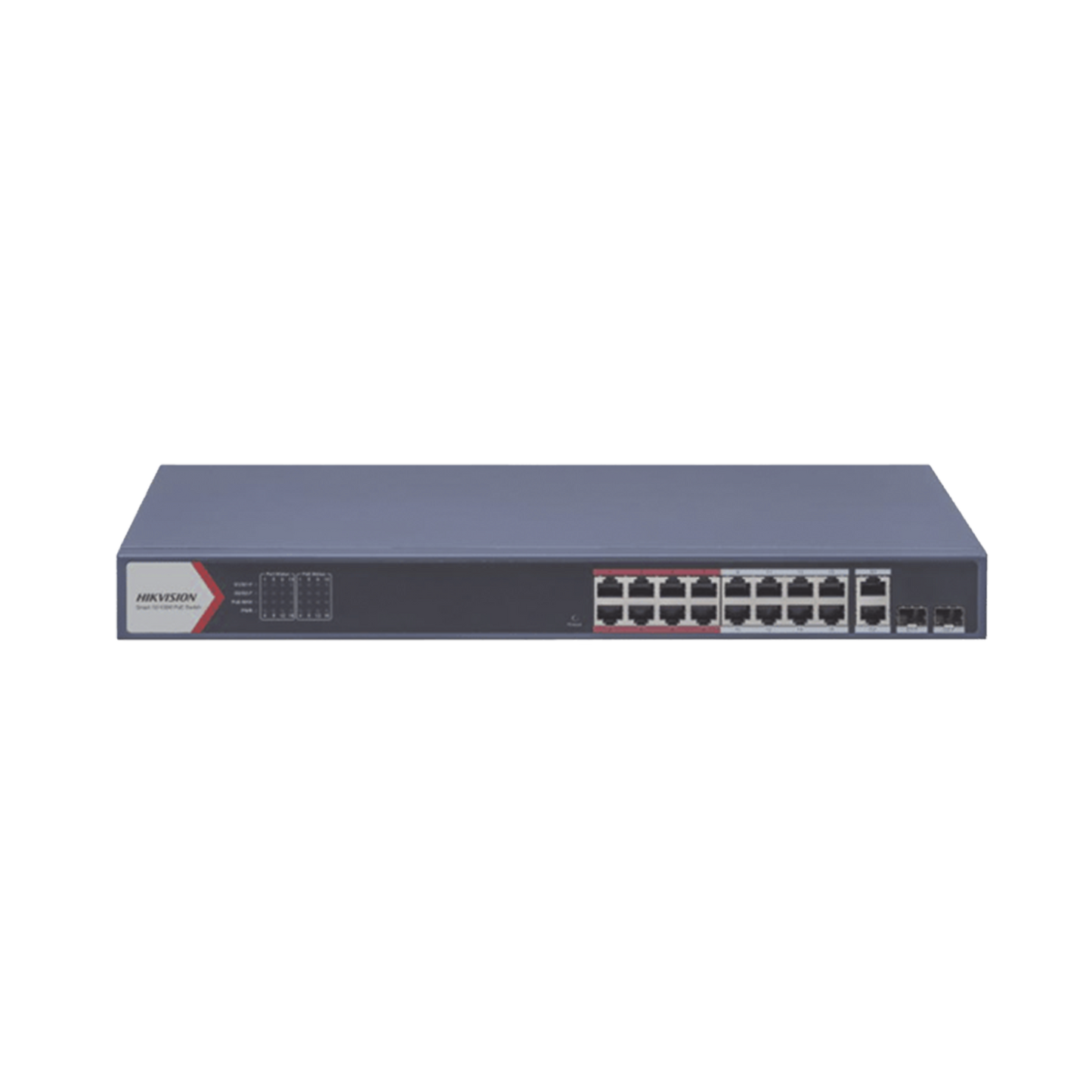 Switch PoE+ / Monitoreable / 16 puertos 10/100 Mbps PoE+ / 2 Puertos 1000 Mbps Uplink / 2 Puertos SFP de Uplink / Configuración Nube Hik-Partner Pro / Modo Extendido hasta 300 metros / 230 W