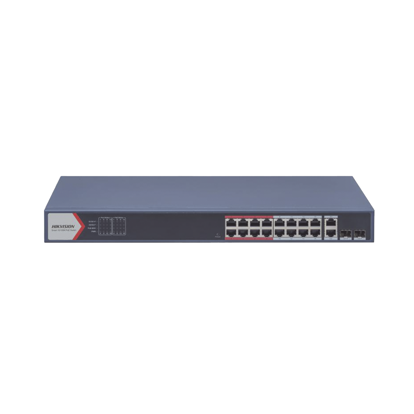 Switch PoE+ / Monitoreable / 16 puertos 10/100 Mbps PoE+ / 2 Puertos 1000 Mbps Uplink / 2 Puertos SFP de Uplink / Configuración Nube Hik-Partner Pro / Modo Extendido hasta 300 metros / 230 W
