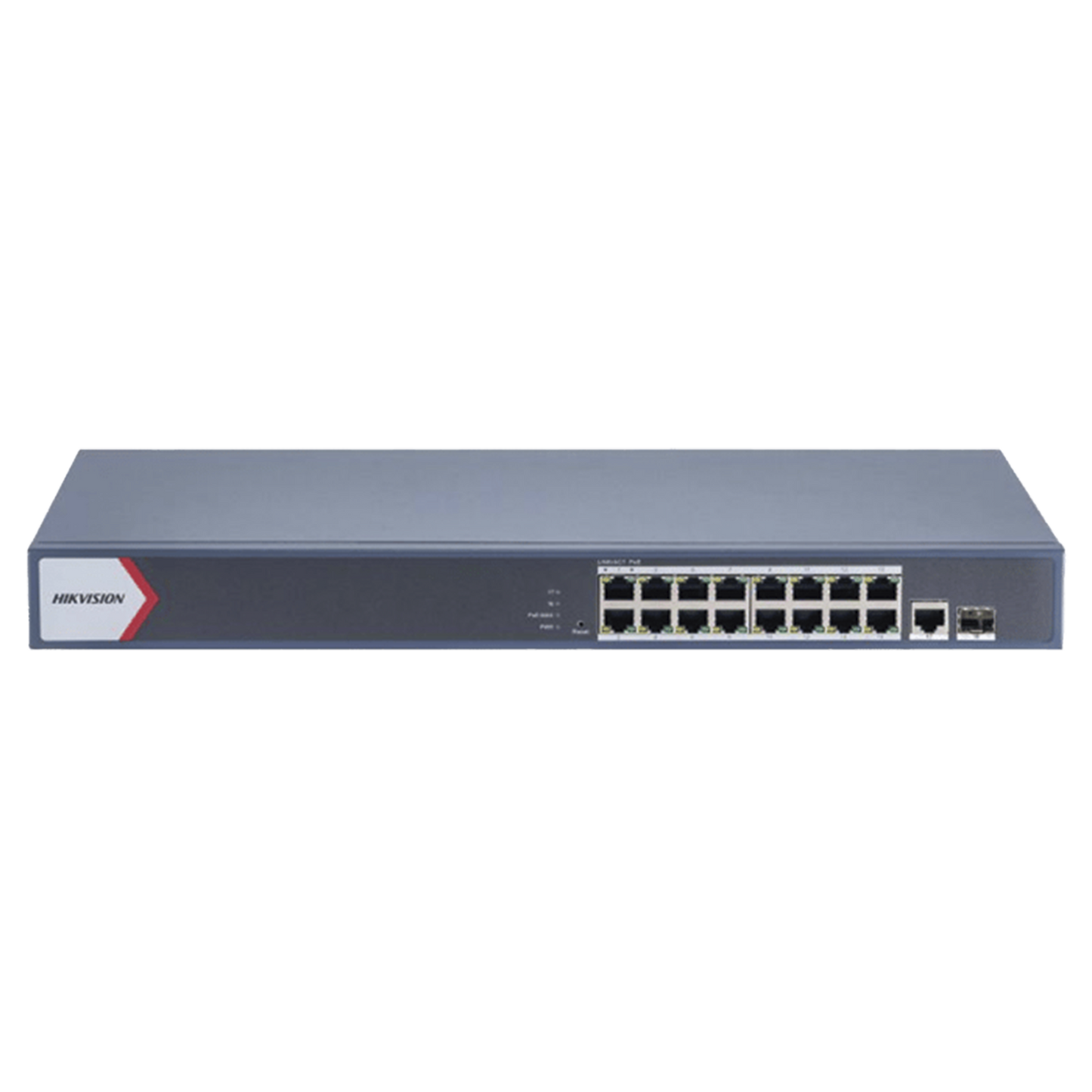 Switch Gigabit PoE+ / Monitoreable / 16 Puertos 1000 Mbps PoE+ / 1 Puerto 1000 Mbps de Uplink / 1 Puerto SFP / Configuración Remota desde Hik-PartnerPro / Modo Extendido hasta 300 Metros / 130 Watts