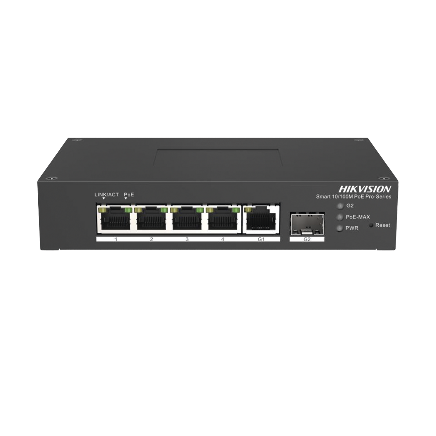 Switch PoE+ / Administrable / 4 Puertos 10/100 Mbps PoE+ / 1 Puerto 1000 Mbps Uplink / 1 Puertos SFP / Configuración Nube Hik-PartnerPro / Modo Extendido hasta 300 Metros / 60 Watts