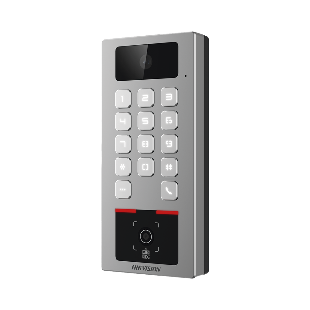 Teclado con Lector Físico de QRs para Exterior Antivandálico IP65 & IK09 con función de Videoportero Multiapartamento / Tarjeta, Código QR, PIN o App HikConnect / Cámara 2 MP compatible con NVRs / Soporta b