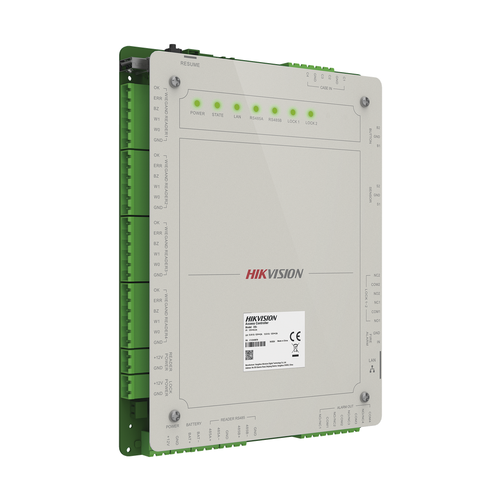 Controlador de Acceso 2 Puertas Administrable en la Nube con Hik-Connect Teams / Interfaz Web / 4 Lectores de Huella o Tarjeta / 100,000 Tarjetas / 10,000 Huellas / Incluye Gabinete y Fuente de Alimentación 12 Vcd 8 A / Soporta Batería de Re