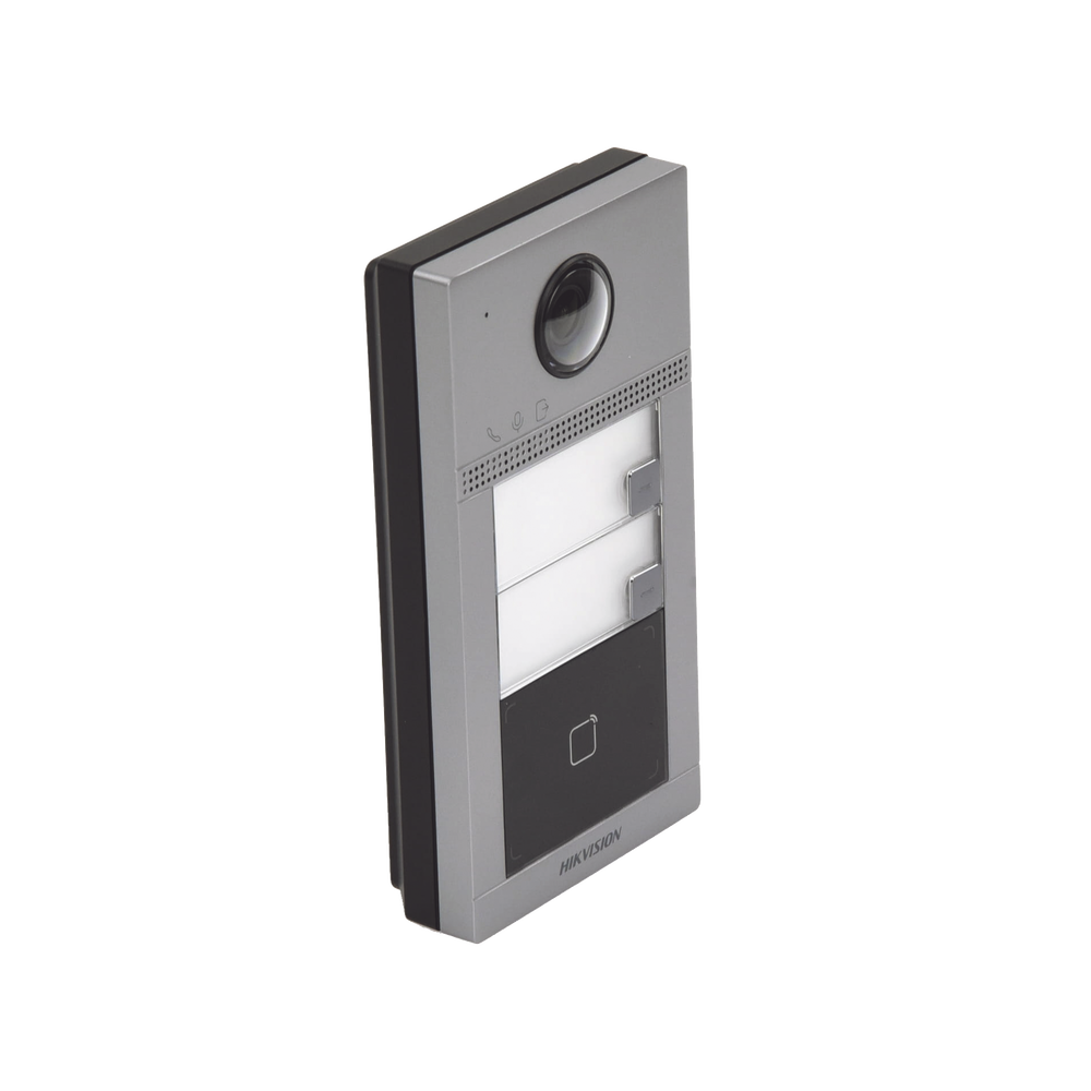 Videoportero IP (IP65 + IK08) con Llamada y apertura desde APP Hik-Connect / Soporta 2 Departamentos / PoE Estandar / Interfaz WEB para configuración / 2 puertas