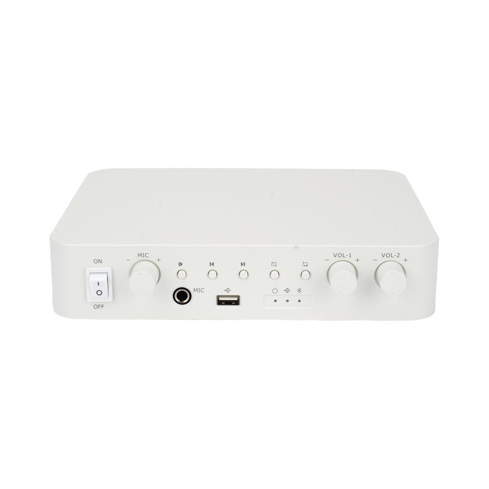 Amplificador | Bluetooth | 2 Canales con Control de volumen Independiente | 30 W por Canal | Salida 4-8 Ω x 2 | 100V COM x 2 | Una Zona | Música Ambiental