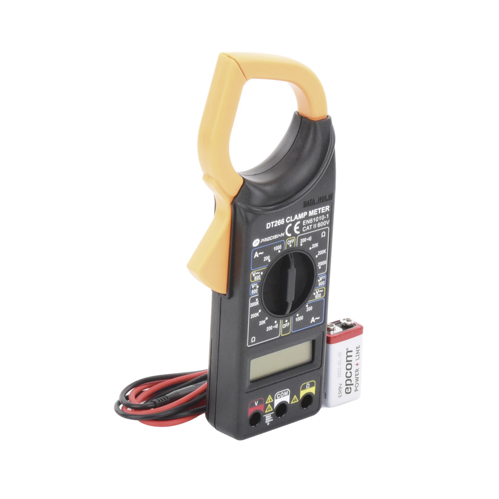 Multímetro Digital de Gancho DT266 600 Vcc / Vca CATII. Con pantalla LCD. Incluye Batería ER-9V de 9V