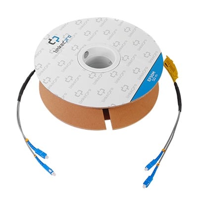 Carrete de Fibra Óptica Monomodo con Conectores SC-SC Duplex, Reforzada con Kevlar, de 50 metros, Para instalaciones subterráneas por tubería