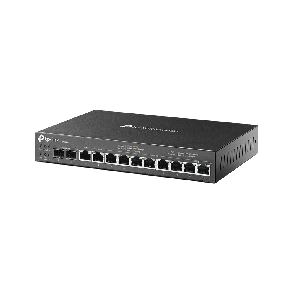 Router Omada VPN / SDN Multi-WAN 1G / Switch con PoE y Controlador / 2 puerto WAN/LAN SFP 1G / 1 Puerto RJ45 WAN / 1 Puerto WAN/LAN RJ45 / 8 Puertos PoE+ LAN RJ45 / 24,980 Sesiones Concurrentes
