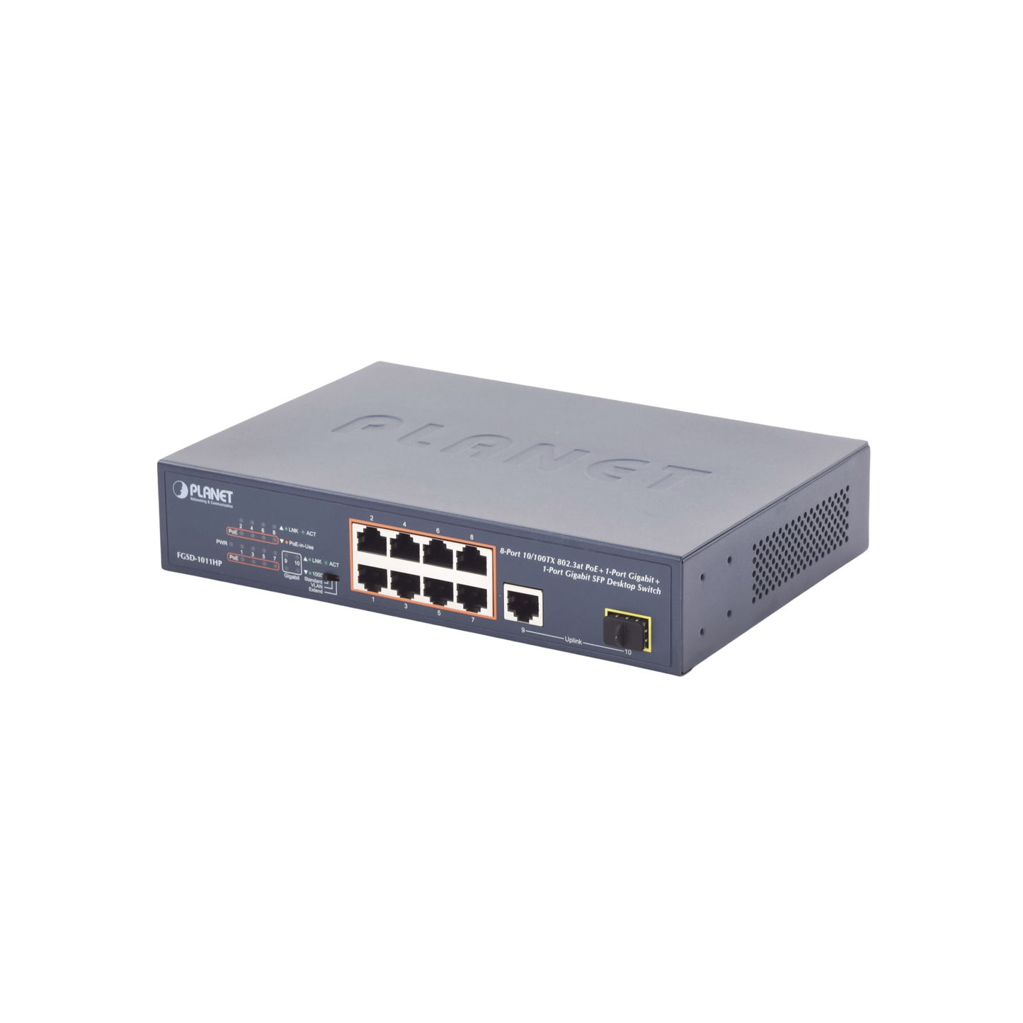 Switch no Administrable 8 puertos 10/100 PoE 802.3af/at 135W, 1 puerto Uplink 10/100/1000 y 1 SFP 100/1000 para escritorio