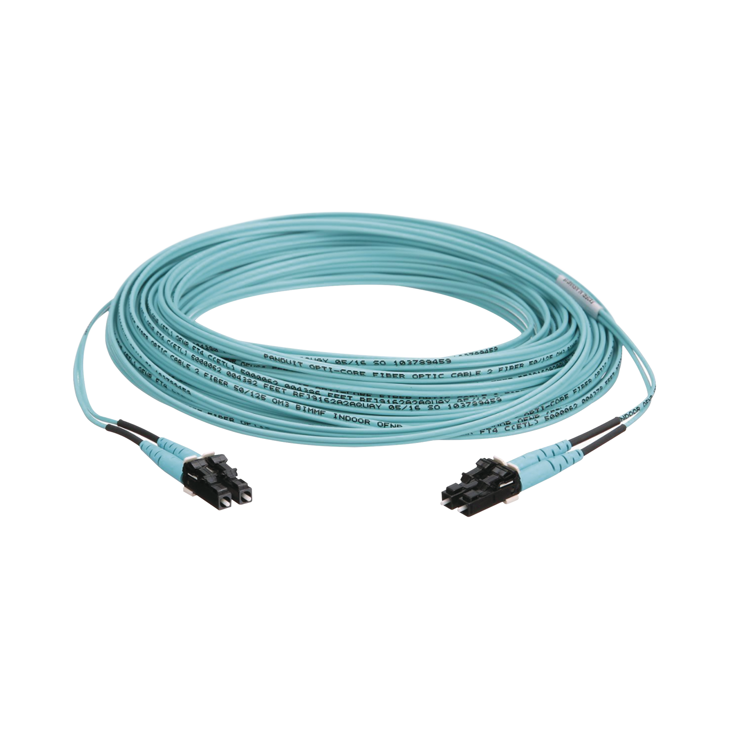 Jumper de Fibra Optica Multimodo 50/125 OM3, LC-LC Duplex, OFNR (Riser), Color Aqua, 20 Metros (65.62 Pies)