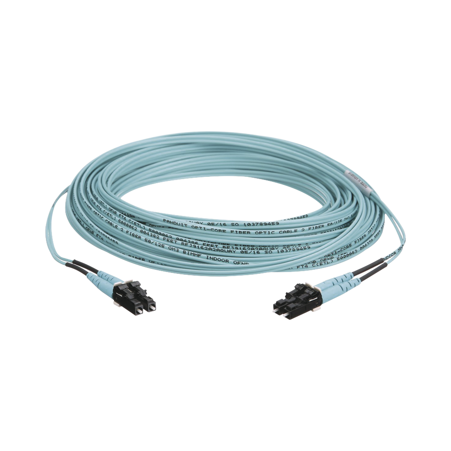 Jumper de Fibra Optica Multimodo 50/125 OM3, LC-LC Duplex, OFNR (Riser), Color Aqua, 50 Metros (164.04 Pies)