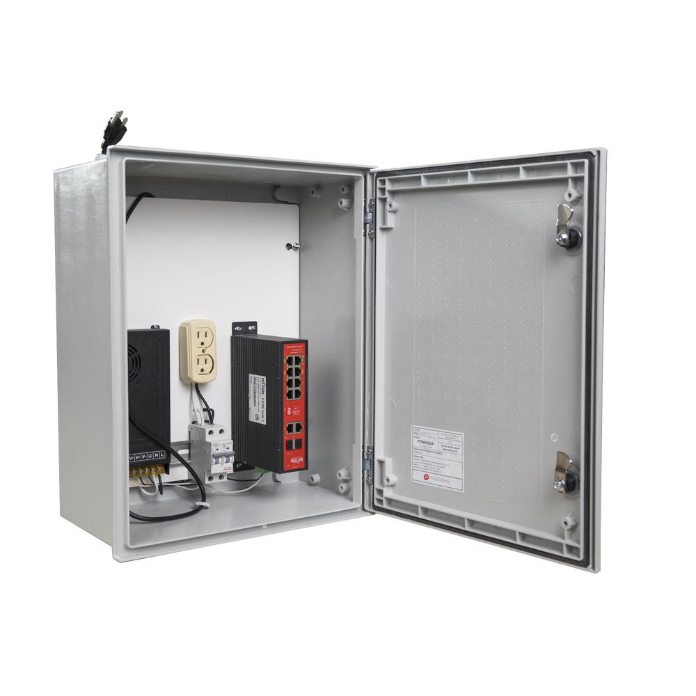 Switch PoE Industrial para exterior / 8 puertos Gigabit con 8 puertos PoE 802.3at / Protección térmica 2P, 16A, Corriente Alterna 400 Vca