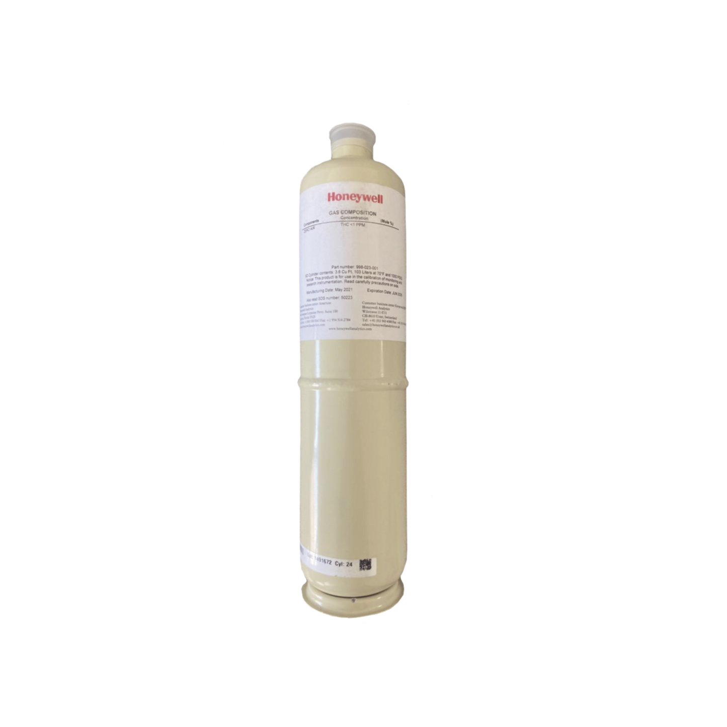 Cilindro Para Calibración De Oxido De Nitrogeno (O2/N2), Concentración 17% V/V, Capacidad 103 L, Dimensiones 5/8" x 18" Para Serie XNX/XCD/S3K Gases Tóxicos