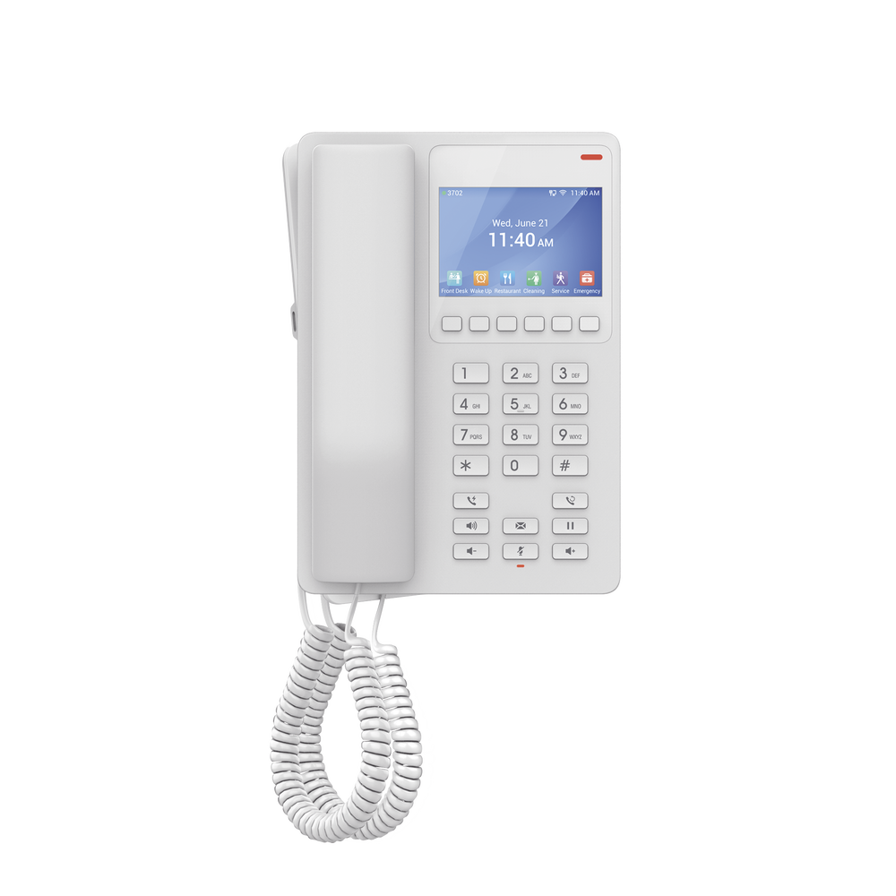 Teléfono IP WiFi Hotelero con pantalla LCD a color, 2 líneas SIP con 2 cuentas, codec Opus, IPV4/IPV6, color blanco, con gestión en la nube GDMS