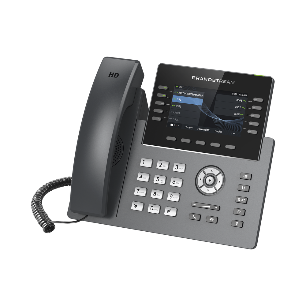 Teléfono IP Wi-Fi, Grado Operador, 10 líneas SIP con 5 cuentas, pantalla a color 4.3", puertos Gigabit, Bluetooth, PoE, codec Opus, IPV4/IPV6 con gestión en la nube GDMS