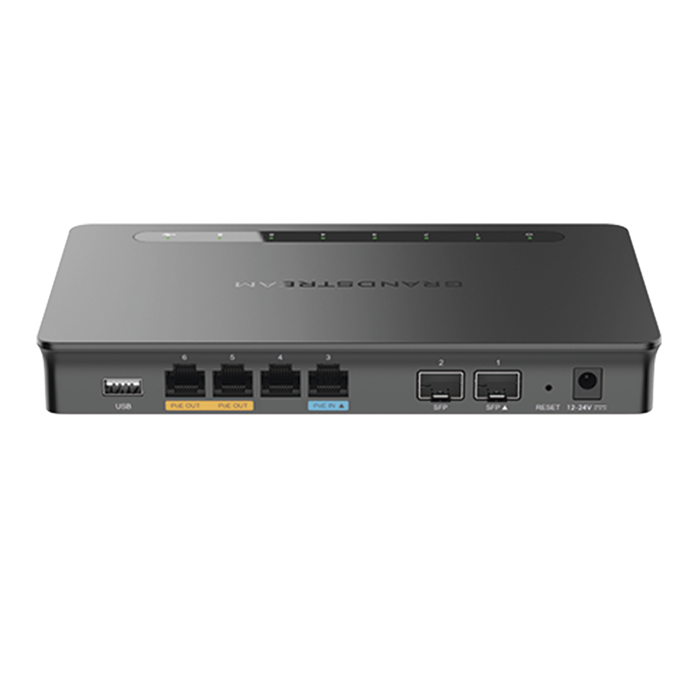 Router Gigabit VPN / Balanceador de cargas / 30,000 sesiones NAT / 4 puertos 10/100/1000 Mbps + 2 puertos SFP (WAN/LAN) / 1 puerto entrada PoE(af/at) / 2 puertos salida PoE (af/at) / Compatible con GWN Cloud.