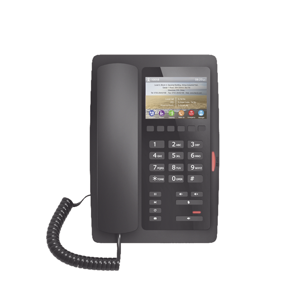 Teléfono IP Hotelero / Pantalla LCD Color 3.5" / 2 Líneas SIP / 6 Teclas Programables Hotline / Puerto USB Carga / PoE 802.3af / Personalizable con Logo Hotel