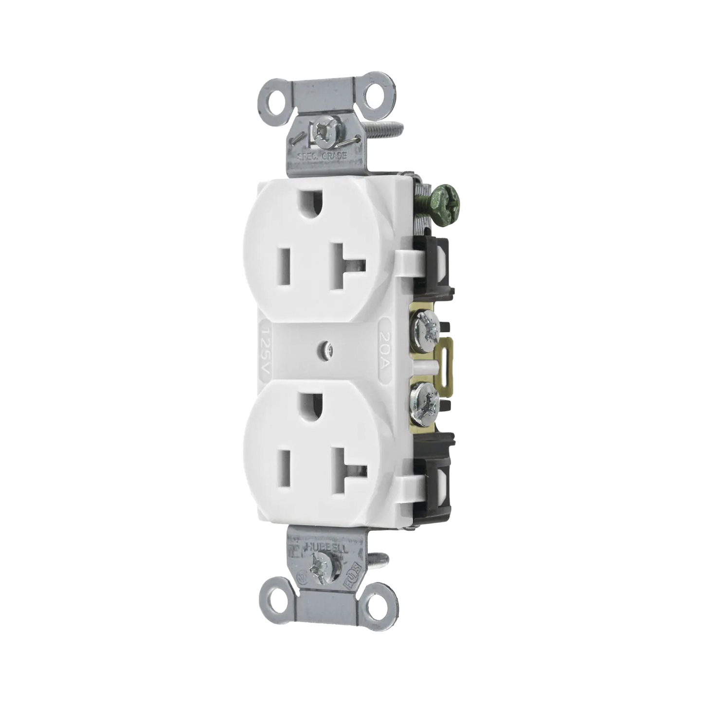 Contacto Dúplex 20 A, 125 V, 2 Polos, 3 Hilos, Cableado Posterior y Lateral, Color Blanco (Nema 5-20R).