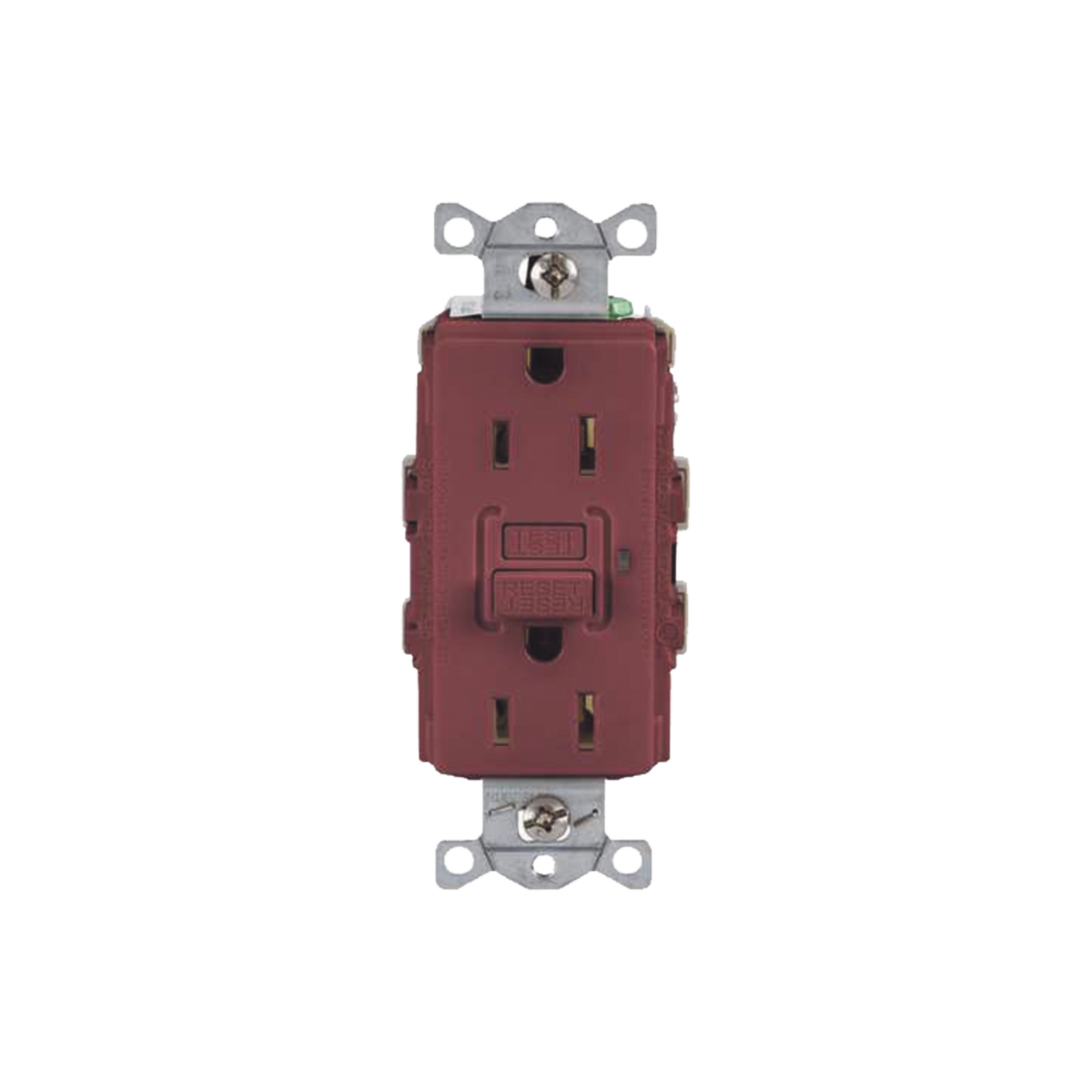 Contacto de Auto-verificación GFCI con Interruptor de Falla a Tierra de 15 A 125 V 2 Polos/ Color Rojo / Nema 5-15R / Grado Industrial Comercial.