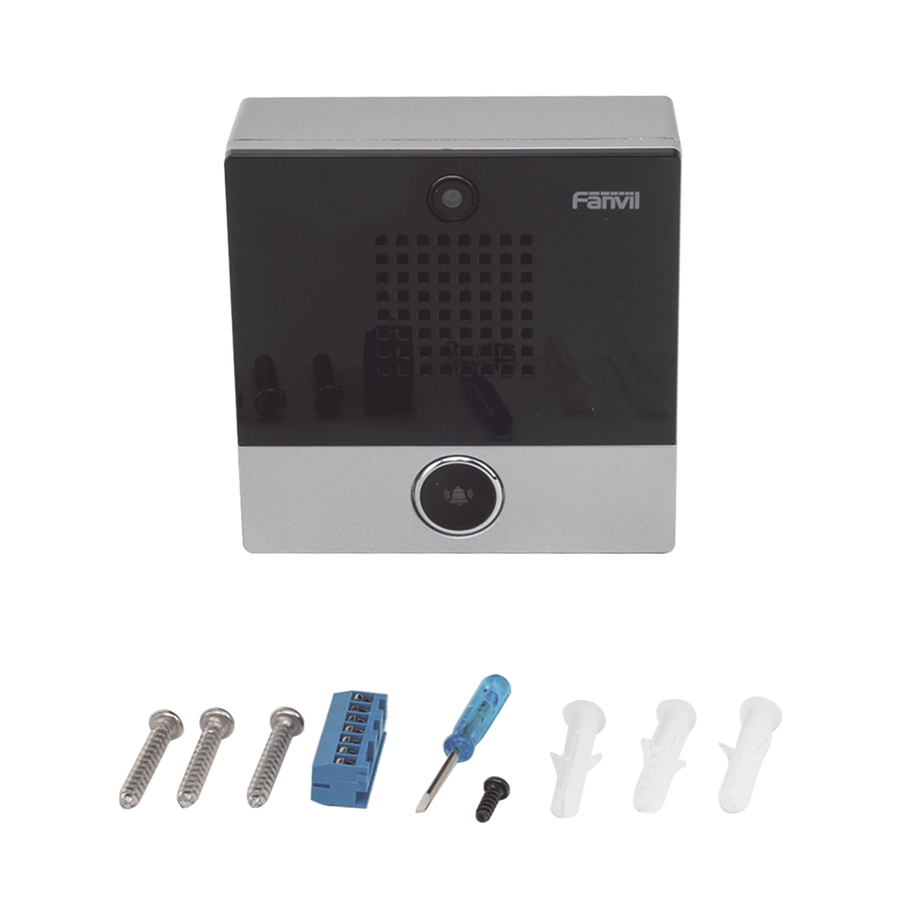 Mini video Intercomunicador para hotelería y hospitales, con diseño elegante, PoE, cámara 1Mpx, 1 botón, 1 relevador integrado de salida y entrada.