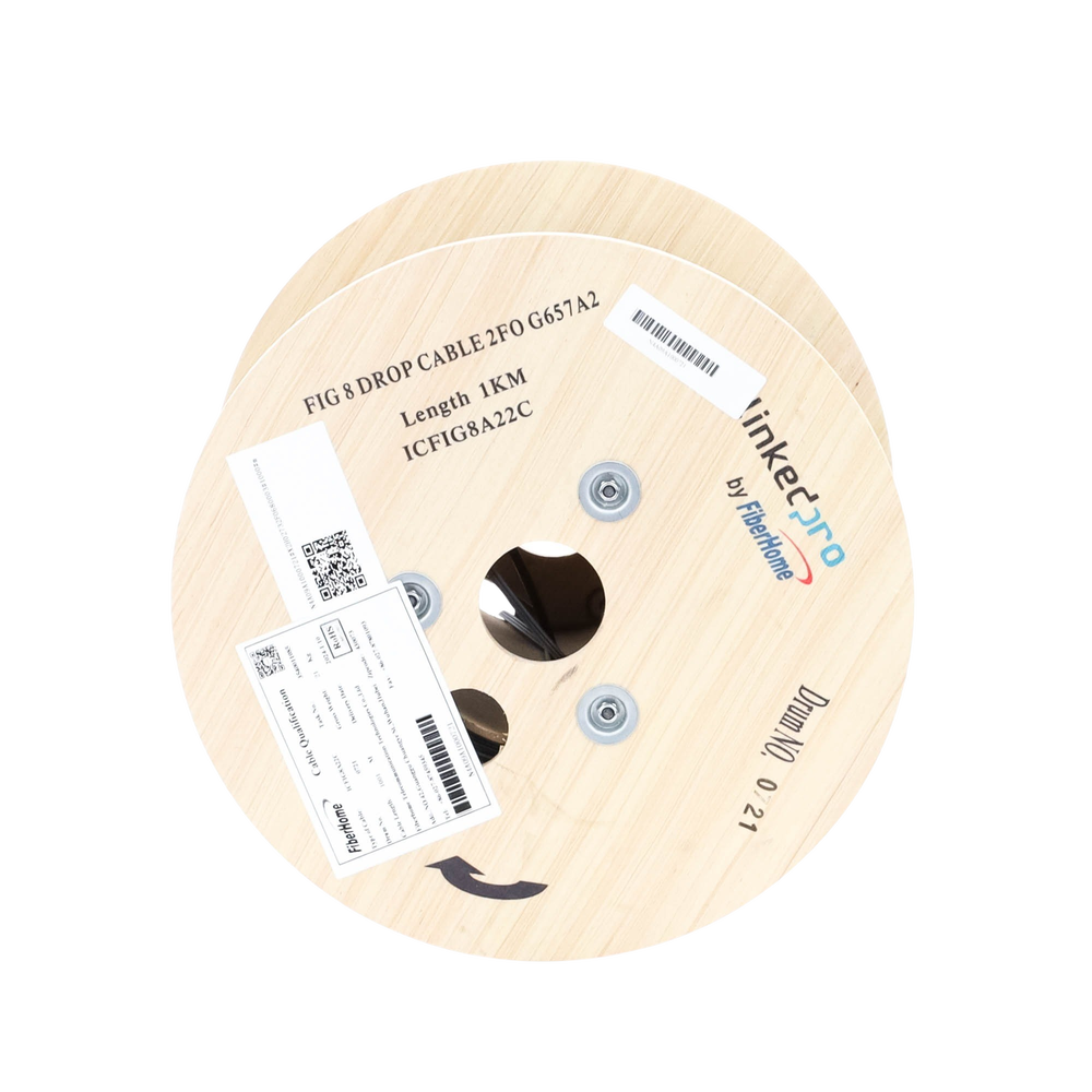 Carrete de 1 km de Fibra Óptica Aérea Mini Figura 8 G.657A2 Tipo Drop, Monomodo de 2 Hilos (Bifibra), Diseñada para Fusionarse, Color Negro, Span 80, (No Soporta Conectores Mecánicos)