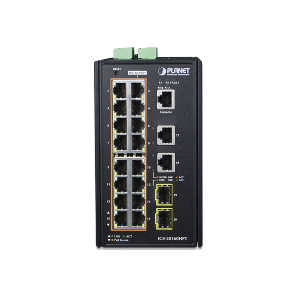 Switch Industrial Administrable 16 puertos 10/100/1000 T 802.3at PoE + 2 Puertos 10/100/1000 T + 2 puertos 100/1000 X SFP