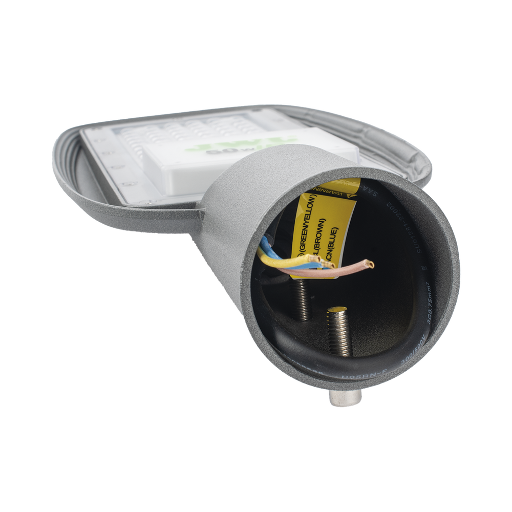 Luminaria LED de 50 W/ 100 - 265 V CA ~50/60 Hz / Fotocelda / Color Blanco/ Dimensiones 160 x 390 x 78 mm / Ángulo de Luz 135°.