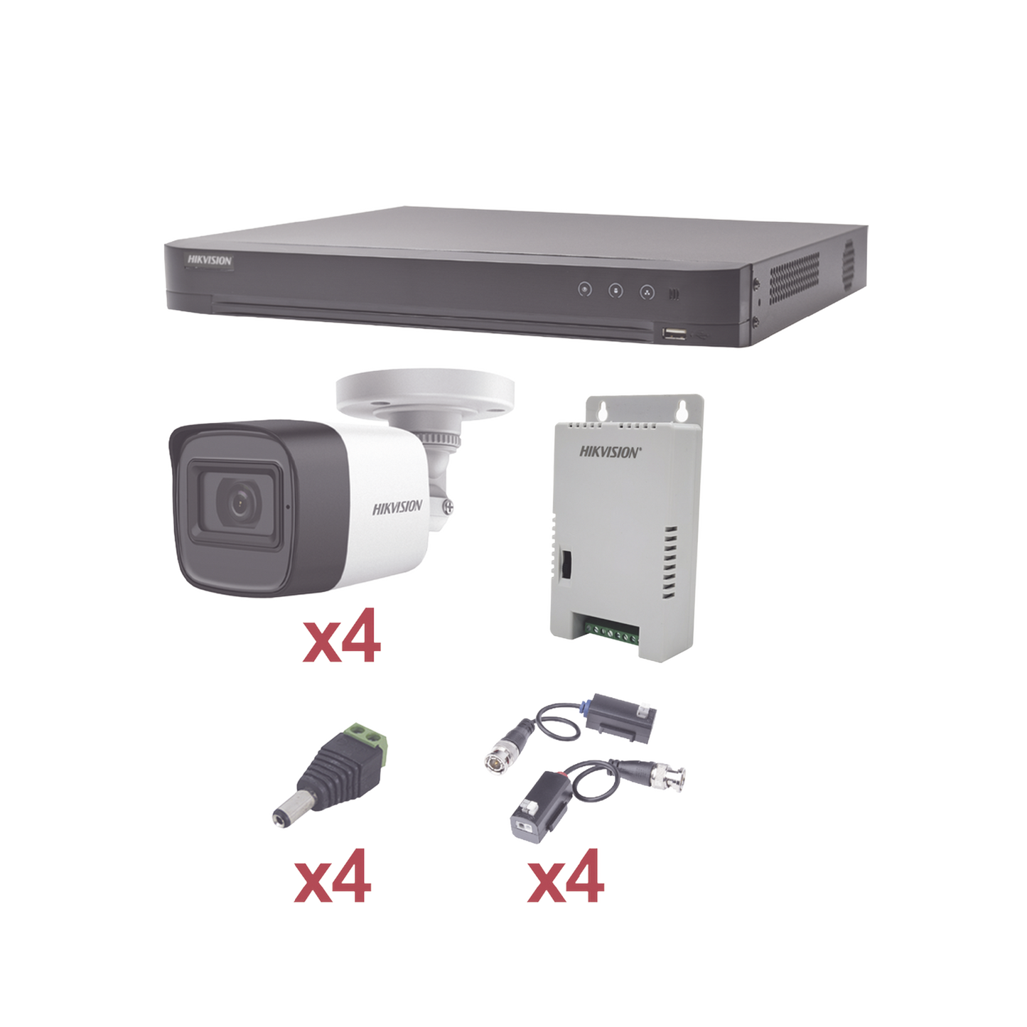KIT TurboHD 1080p / DVR 4 Canales / 4 Cámaras Bala (exterior 2.8 mm) / Transceptores / Conectores / Fuente de Poder Profesional