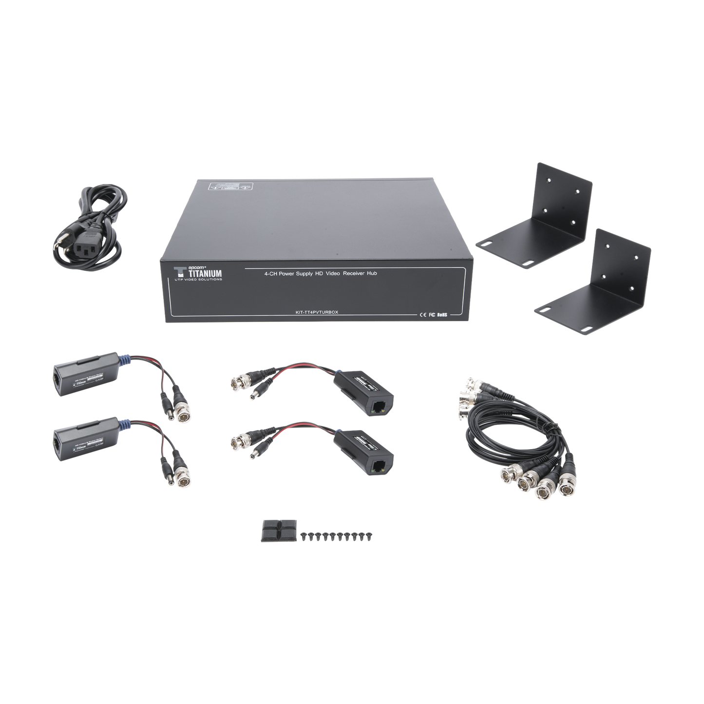 Kit de TRANSCEPTOR ACTIVO DE 4 CANALES / VIDEO+PODER en un solo Cable UTP / 150 metros en 4K, 200 metros en 5 MP/ Envía 36 Vcc y Recibe 12 Vcc / TODO INCLUIDO PARA RACK / Compatible con cámaras HD-TVI/CVI/AHD/CVBS / INSTALACIÓN LIMPIA