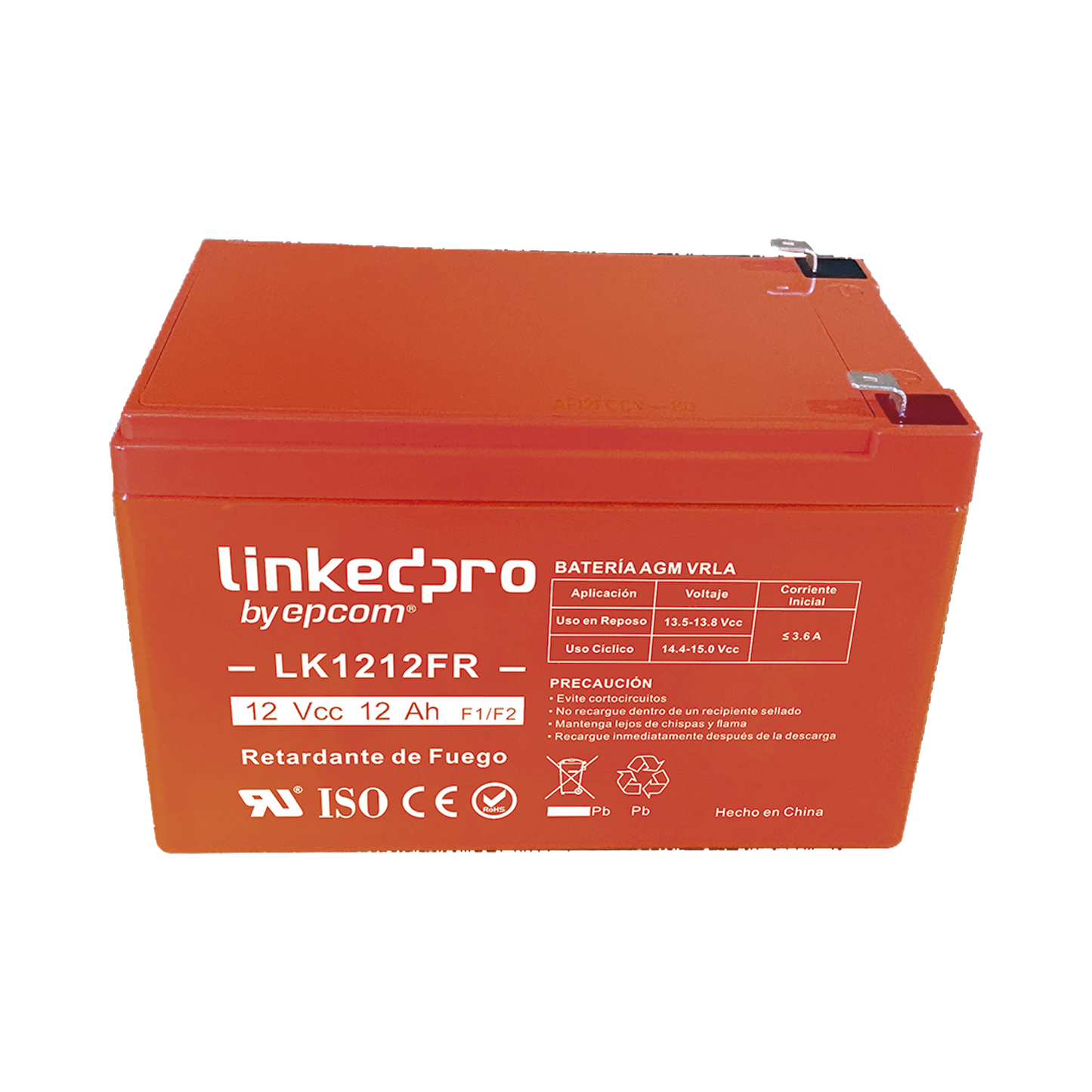 Batería 12 V / 12 Ah / UL / Tecnología AGM-VRLA / Vida útil promedio de 5 aRetardante a la Flama / Uso en equipo electrónico, Alarmas de Intrusión / Incendio / Control de acceso / Video Vigilancia / Terminales F1 ( Inclu