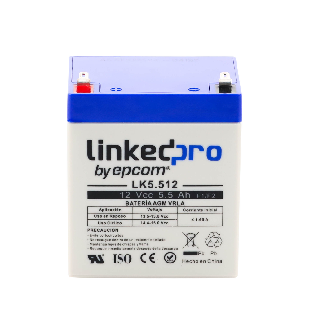 Batería de respaldo 12 V | 5.5 Ah | AGM | Especial para Seguridad Electrónica | UPS | Sistemas de Emergencia | Vida útil 5 años | Terminales F1 + Adaptador F2