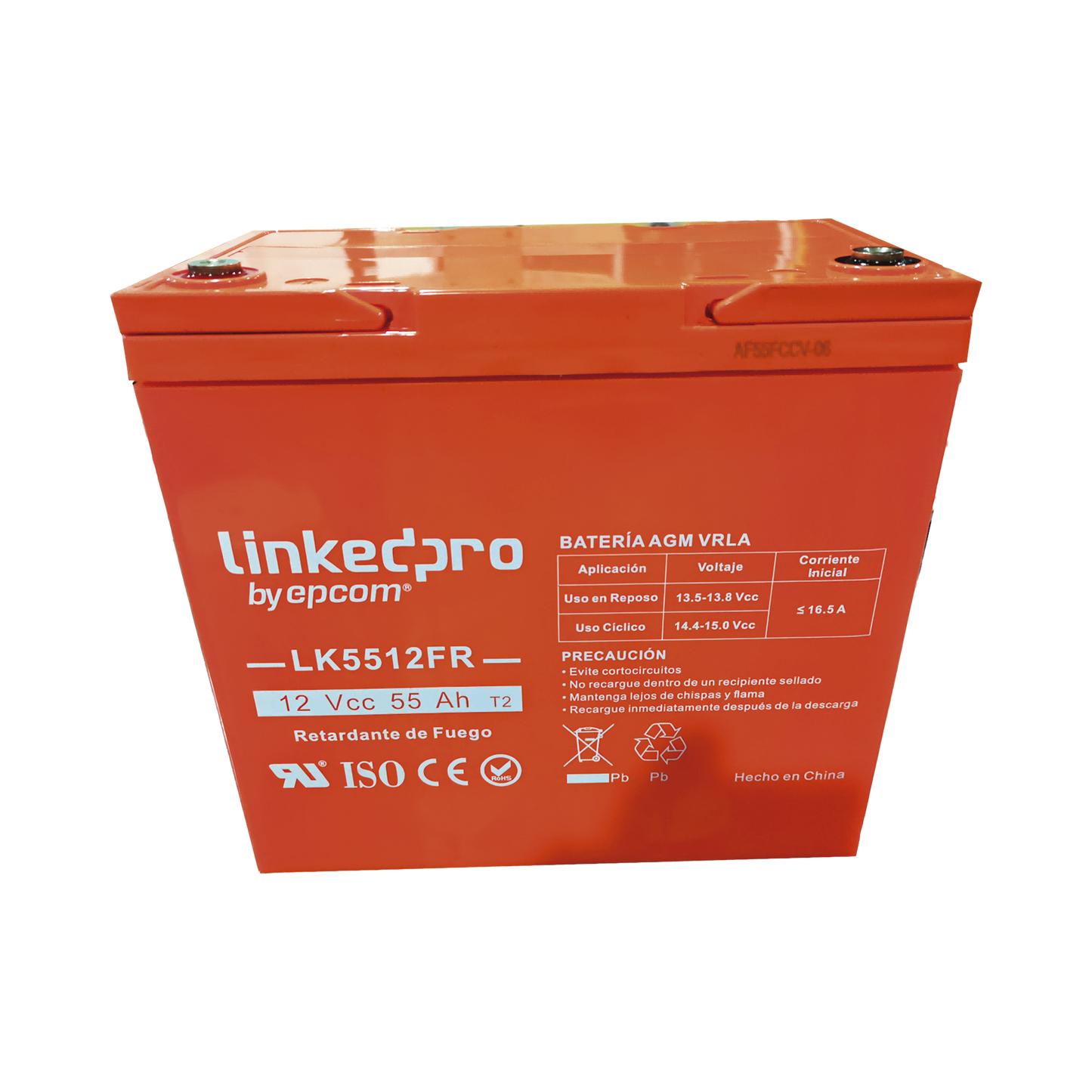 Batería 12 V / 55 Ah / UL / Tecnología AGM-VRLA / Vida útil promedio de 5 años / Retardo a la flama / Para uso en equipo electrónico, Alarmas de Intrusión / Incendio/ Control de acceso / Video Vigilancia / T2