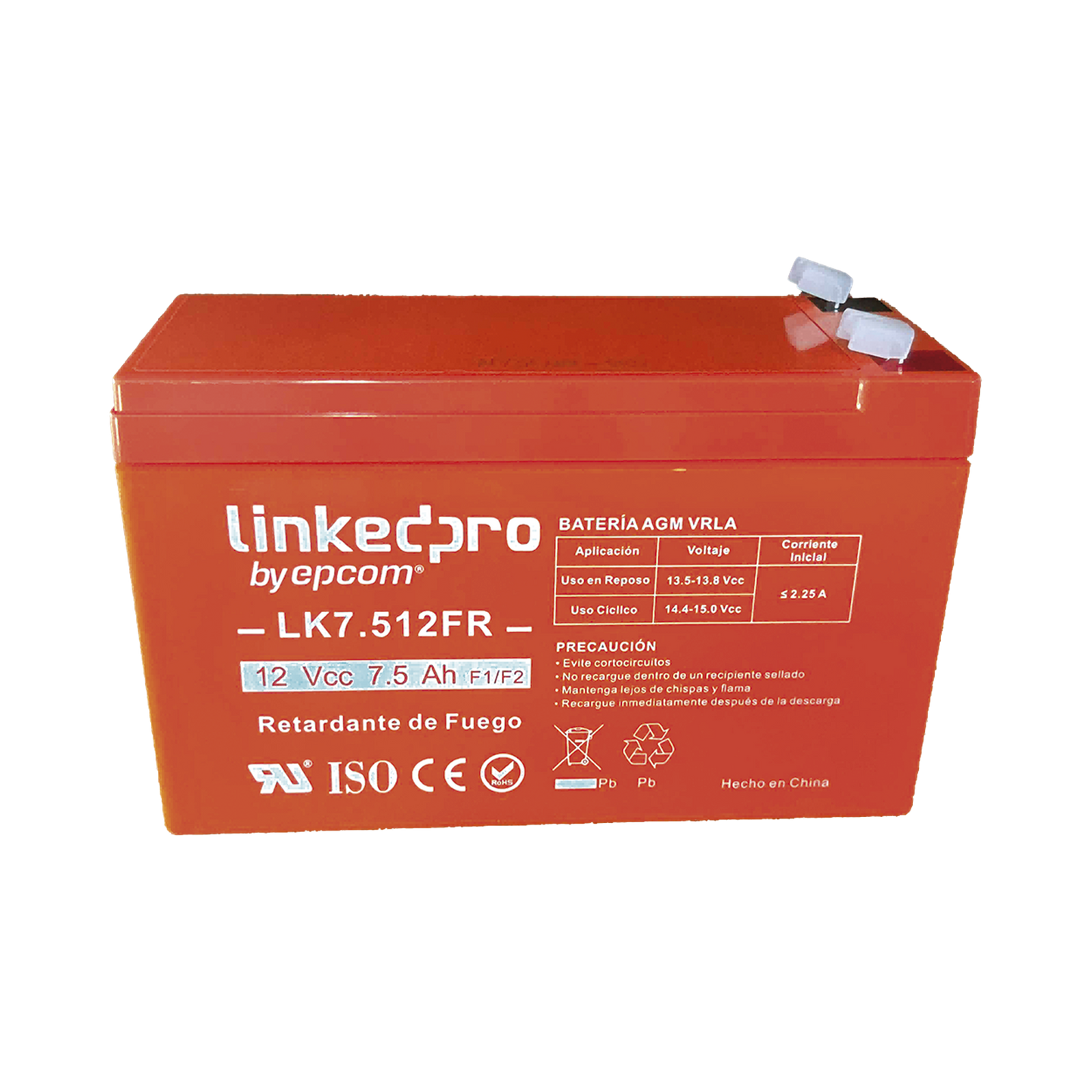 Batería 12 V / 7.5 Ah / UL / Tecnología AGM-VRLA / Vida útil promedio de 5 años / Retardante a la Flama / Para equipo electrónico, Alarmas de Intrusión / Incendio/ Control de acceso / Video Vigilancia / Terminales
