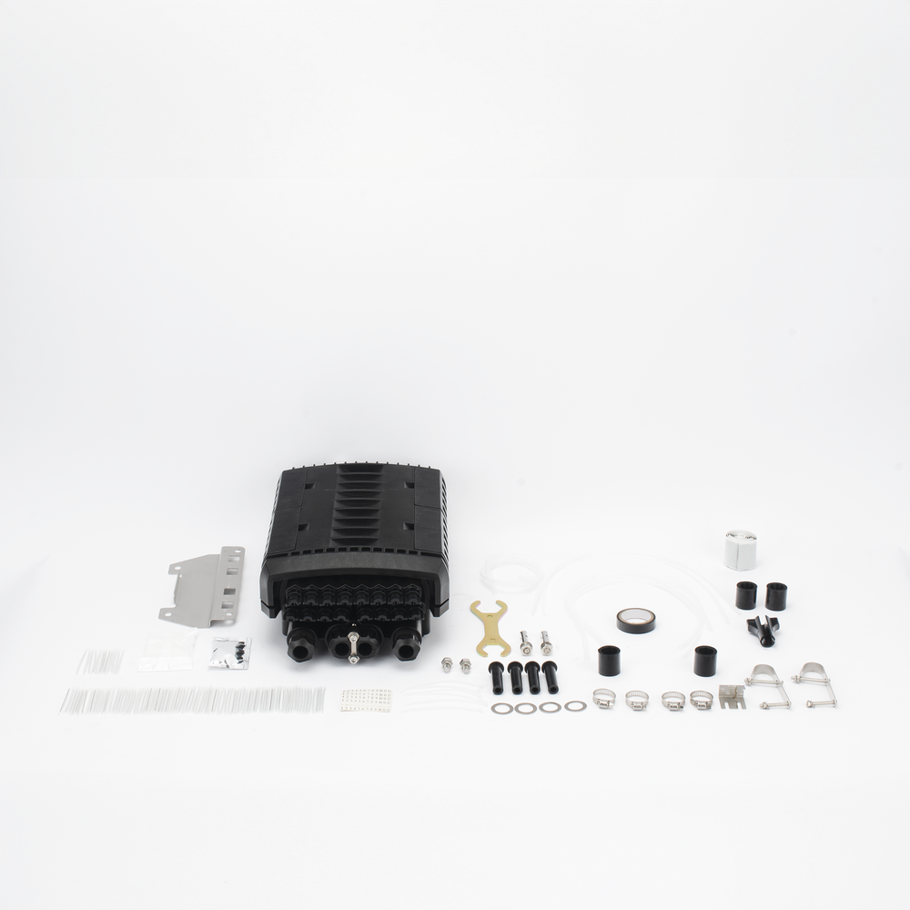 Caja de Distribución de Fibra Óptica para 24 Empalmes con 16 Acopladores SC/APC. Enterrado Directo, IP68, Splitter 1x16 Incluido con Conectores SC/APC